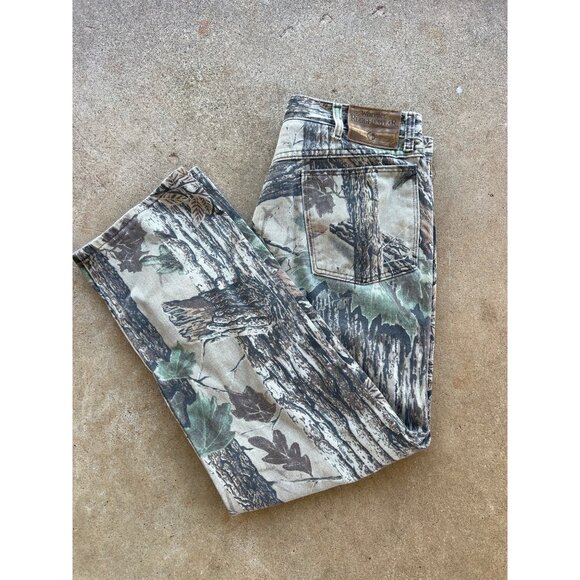 Vintage Wrangler Rugged Wear Camo Hunting Pants With Tree Bark & Leaf Print C4 - Picture 1 of 7